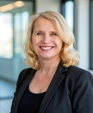 Photo of Gerri Detweiler, blond woman in dark jacket smiling at camera